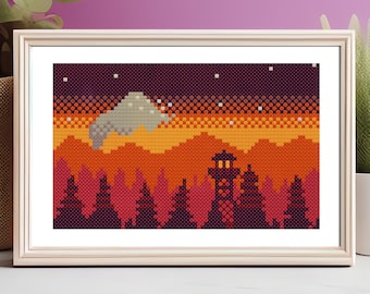 Patrón de punto de cruz inspirado en Firewatch: Torre de vigilancia al atardecer - Bordado de paisaje moderno (PDF)