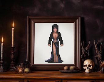 Elvira, Señora de la Oscuridad - Patrón de punto de cruz de estilo pixel art retro - Diseño de sprites de videojuegos