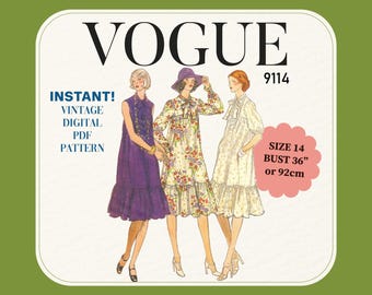 Patrón de costura Vogue 9114, años 70: Vestido con volante, busto 91 cm (descarga digital en PDF)