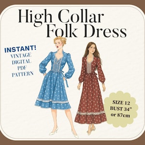 Peut inclure: Illustration de deux robes folkloriques, une bleue à motifs floraux blancs et l'autre rouge à pois blancs. L'image comprend le texte "High Collar Folk Dress", "Instant! Vintage Digital PDF Pattern", et "Size 12 Buste 87cm".