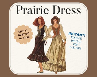 Patrón de costura para vestido estilo pradera de los años 80: escote ajustado y ribete de volantes (talla 12, descarga en PDF)