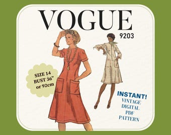Patrón de costura Vogue 9203 de los años 70: Vestido evasé, busto 91 cm (descarga digital en PDF)