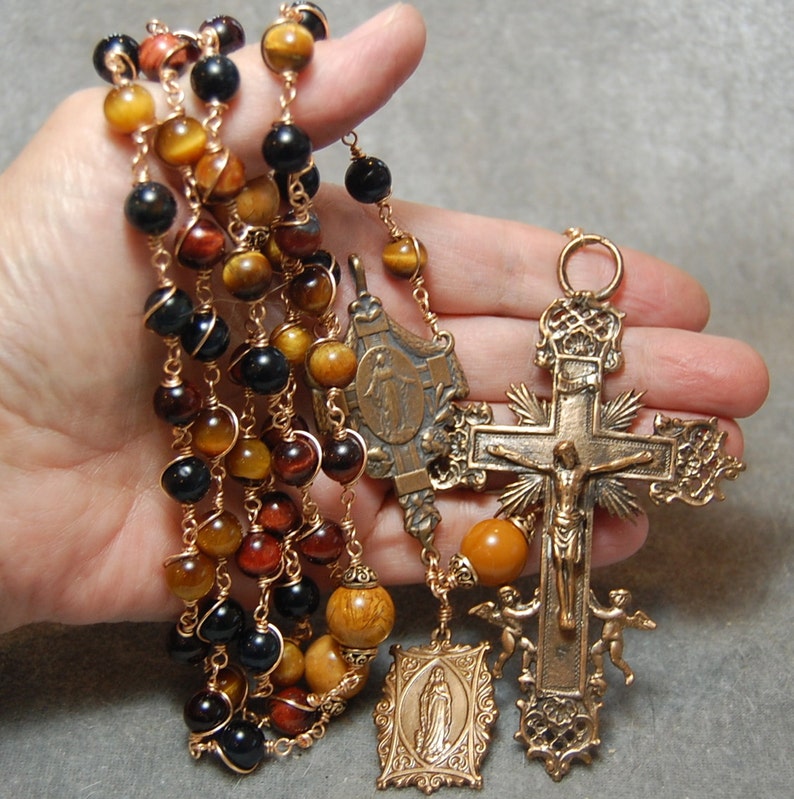 Multi colored Tiger Eye and Bronze Rosary Unbreakable Wire