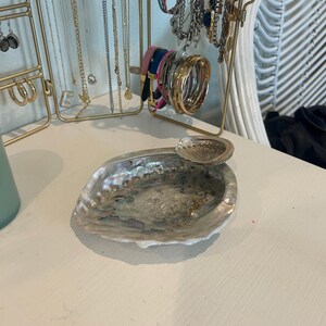May include: An iridescent abalone shell jewelry dish with a smaller shell on top. Gold-toned jewelry organizers hold necklaces, bracelets, and earrings. A white wicker chair is in the background.
