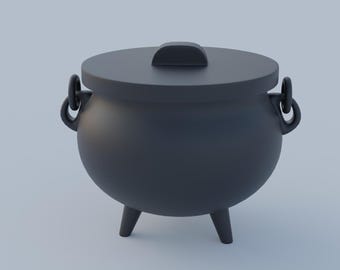 Può includere: Un calderone nero con un coperchio e tre gambe. Il calderone ha due manici sui lati.