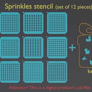 Peut inclure: Un ensemble de 12 pochoirs imprimables pour réaliser des motifs de pépites, plus un porte-clés avec 12 breloques différentes. Les pochoirs sont bleus et les breloques sont bleu clair. Le texte sur l'image indique "Sprinkles stencil (set of 12 pieces)" et "keychain". Attention ! Il s'agit d'un produit numérique ! (fichiers .stl pour l'impression 3D)
