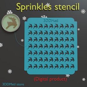 Könnte beinhalten: Eine türkisfarbene Schablone mit einem Muster aus Rentiersilhouetten, beschriftet mit "3DDMetl". Die Worte "Sprinkles stencil" stehen in Gelb über der Schablone. Ein kreisförmiges Design mit einem Rentier befindet sich links. Der Text "(Digital product)" steht darunter.