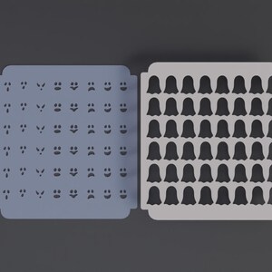 May include: Two white plastic stencils with black cutouts. The stencil on the left has rows of different facial expressions. The stencil on the right has rows of ghost shapes.