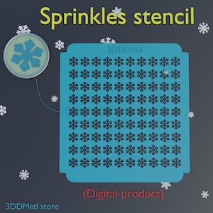 Könnte beinhalten: Eine blaue digitale Schablone mit einem sich wiederholenden Muster aus Schneeflockenformen. Die Schablone ist mit "Sprinkles stencil" und "3DDMetl" beschriftet. Der Text "(Digital product)" ist ebenfalls enthalten.