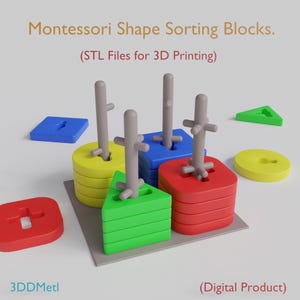 以下が含まれることがあります： 赤、黄、青、緑のブロックを使った、カラフルなモンテッソーリの形合わせおもちゃ。ブロックは様々な形をしており、3Dプリント用に設計されています。画像には「Montessori Shape Sorting Blocks」の文字が含まれています。