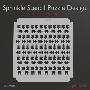 Peut inclure: Un pochoir carré gris clair présentant un motif en grille répétitif de petites découpes en forme de pièces de puzzle. Le texte Sprinkle Stencil Puzzle Design, STL file for 3D printing, 3DDMetl et Digital Product est visible sur le fond gris foncé.