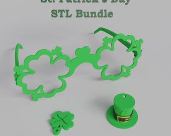 St. Patrick’s Day STL Bundle - Kleeblatt-Brille, Kobold-Hut & Kleeblatt-Schlüsselanhänger - 3D Druckbare Dateien