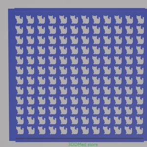 Könnte beinhalten: Eine blaue Schablonenfolie mit einem sich wiederholenden Muster aus weißen Katzen-Silhouetten. Der Text "Stencil "Cat Design"" ist auf der linken Seite der Folie gedruckt.