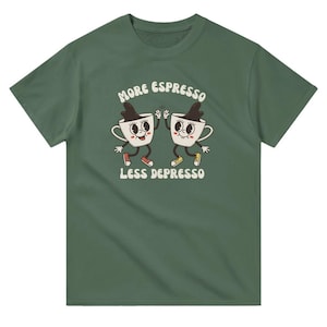 Más espresso, menos depresso, café, amantes del café, camiseta unisex de cuello redondo de peso pesado con dibujos animados retro en 8 colores