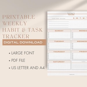 Pode incluir: Download digital de um rastreador semanal imprimível de hábitos e tarefas. O design apresenta um layout limpo com seções para cada dia da semana, incluindo um rastreador de hábitos diários e espaço para anotações.