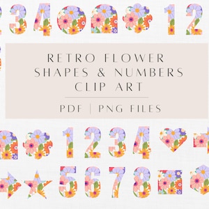 Clipart PNG chiffres & formes fleur rétro - chiffres groovy, Style des années 70, fleur hippie PNG, lot de procréation floral funky, chiffres Daisy