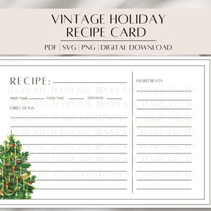 May include: A printable vintage holiday recipe card with a festive green Christmas tree illustration. The card has sections for recipe title, prep time, cook time, servings, directions, and ingredients.