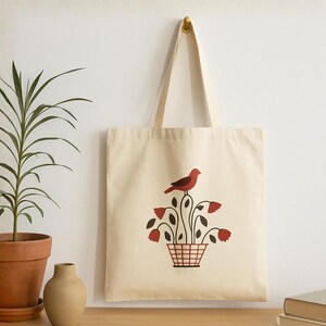 Flower Pot Tote Bag Featuring a Potted Cardinal Cotton Canvas