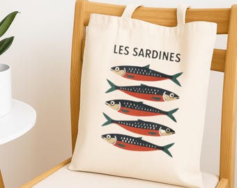 French Sardine Art Seafood Lovers Bag Cotton Canvas Tote