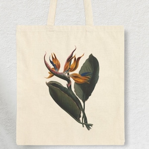 Birds-of-Paradise Flowered Tote | Bird-of-Paradise Tropical Print Bags | Strelitzia Reginae Gift  | Vintage Watercolor  Tote Bag Aesthetic