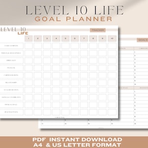 May include: A beige and white Level 10 Life Goal Planner. The planner includes a tracker and a goals section. The text "Level 10 Life Goal Planner" is at the top. The bottom of the image reads "PDF Instant Download A4 & US Letter Format".