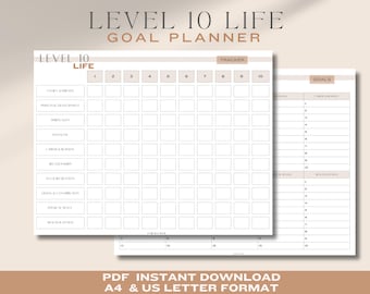 May include: A beige and white Level 10 Life Goal Planner. The planner includes a tracker and a goals section. The text "Level 10 Life Goal Planner" is at the top. The bottom of the image reads "PDF Instant Download A4 & US Letter Format".