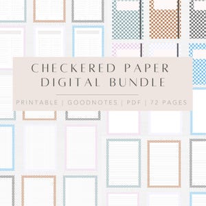 May include: A digital bundle of 72 printable checkered paper pages in various colors, including blue, brown, pink, and black. The pages are designed for use with Goodnotes and are perfect for note-taking, journaling, or planning.