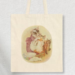 Tom Kitten with his Mom tote bag featuring Beatrix Potter inspired art. Includes nursery story bag, classic novels bag, Beatrix Potter bag, literary mom tote, Beatrix party bag, English classic tote, Beatrix decor bag, nursery theme tote, storybook art bag, Peter Rabbit inspire design, Beatrix Potter theme, and Beatrix Potter fans gift.