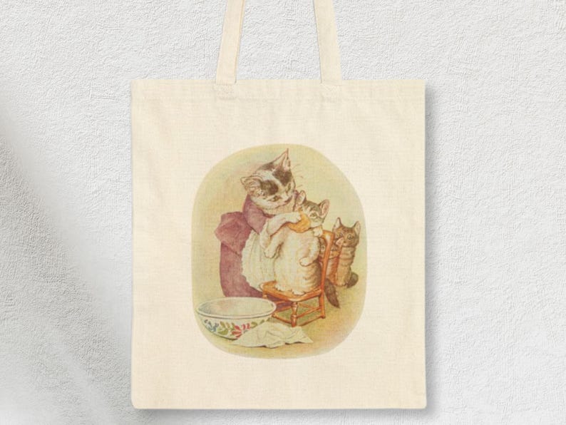Tom Kitten with his Mom tote bag featuring Beatrix Potter inspired art. Includes nursery story bag, classic novels bag, Beatrix Potter bag, literary mom tote, Beatrix party bag, English classic tote, Beatrix decor bag, nursery theme tote, storybook art bag, Peter Rabbit inspire design, Beatrix Potter theme, and Beatrix Potter fans gift.