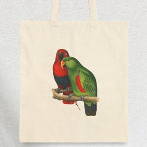 Botanical Bird Art Green & Red Parrot Parrot Tote Bag | Vintage Art of parrots perching  Eco-Friendly Canvas Carry-All By Chic Canvas Totes
