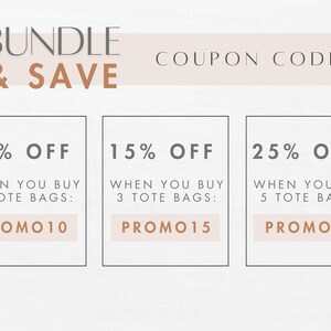 Bundle and Save Coupon Codes for Tom Kitten Tote Bags:
10% off when you buy 2 tote bags using the code: PROMO10
15% off when you buy 3 tote bags using the code: PROMO15
25% off when you buy 5 tote bags using the promo code:  PROMO25