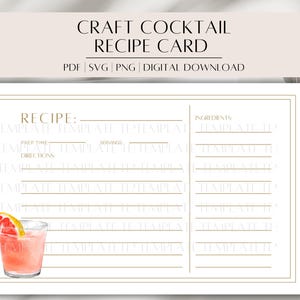 May include: A printable cocktail recipe card with a gold border and a pink grapefruit cocktail illustration. The card has sections for the recipe name, prep time, servings, directions, and ingredients.