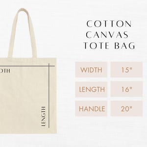 A chart showing the dimensions of a blank canvas tote bag with dimensions 15 inches wide, 16 inches long, and a 20-inch handle. Perfect for carrying groceries or books from Chic Canvas Totes