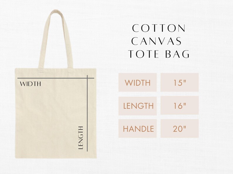 A chart showing the dimensions of a blank canvas tote bag with dimensions 15 inches wide, 16 inches long, and a 20-inch handle. Perfect for carrying groceries or books from Chic Canvas Totes