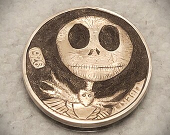 1926 Buffalo Nickel Carved into "Jack Skellington" Hobo Nickel