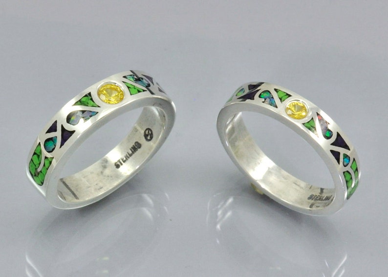 Matching Set Of Mosaic Inlay Gaspeite and Yellow Sapphires in Sterling Silver Frendship Rings Australian Opal Sugilite