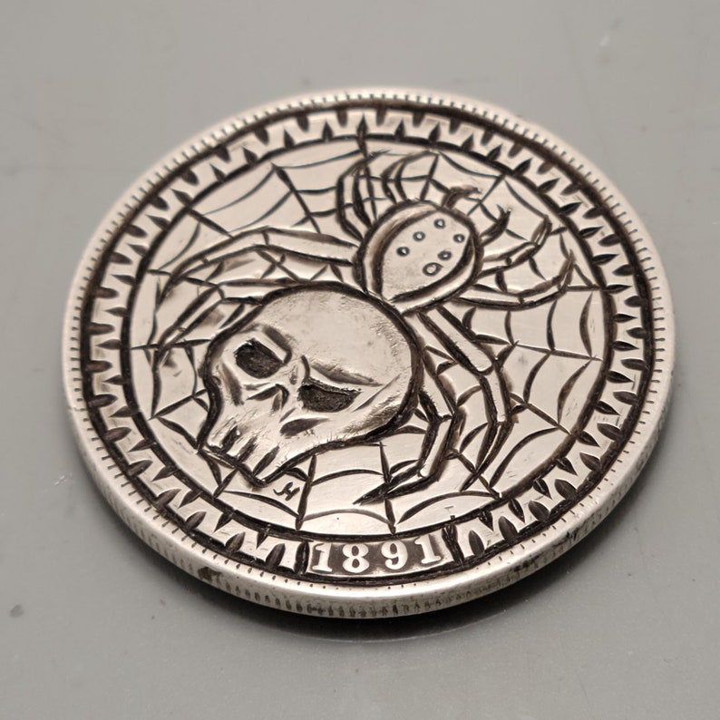 1891 Morgan Silver Dollar Carved into Spider Coin