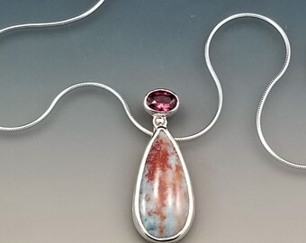 Silver Pendant with Rhodalite Garnet and Larimar Tear Drop