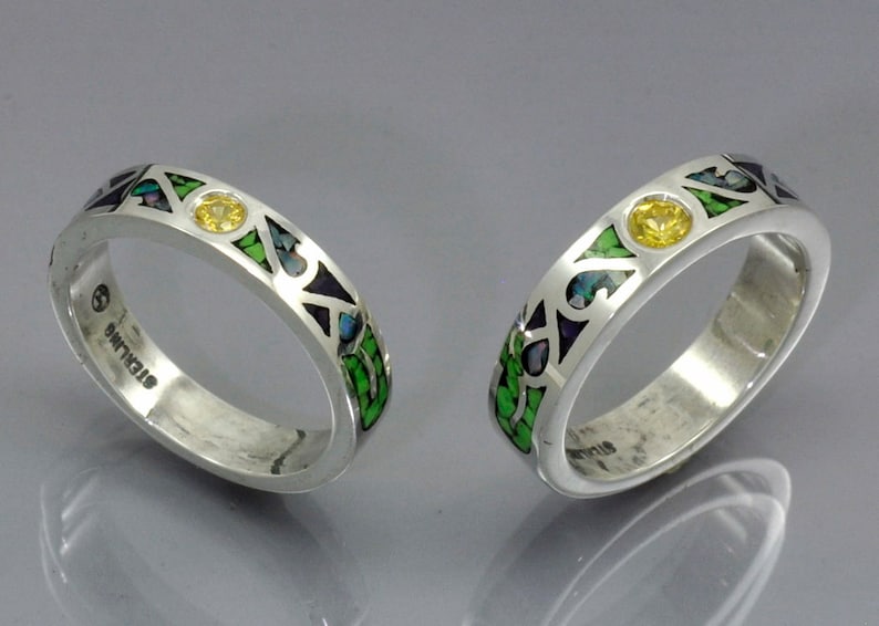 Matching Set Of Mosaic Inlay Gaspeite and Yellow Sapphires in Sterling Silver Frendship Rings Australian Opal Sugilite