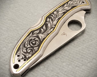 Spyderco Delica Hand Engraved Knife with 24k Gold Inlay