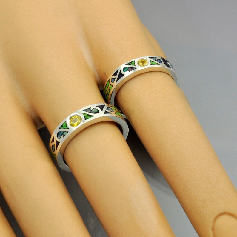Matching Set Of Mosaic Inlay Gaspeite and Yellow Sapphires in Sterling Silver Frendship Rings Australian Opal Sugilite