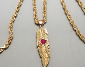 14k Gold Feather with Ruby Cab Pendant