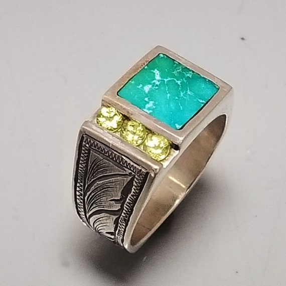 Peridot and Inlay Turquoise Engraved Ring | Etsy