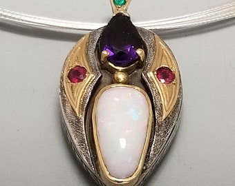 Amethyst, Emerald, Ruby and Opal Two Tone Gold and Silver Pendant