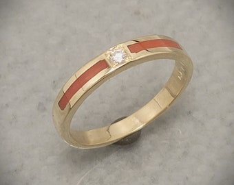 14k Gold Stackable Band with Red Coral Inlay & Diamond Center Stone