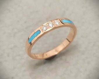 14k Rose Gold Stack-able Band with Turquoise Inlay and 3 Bead Set Diamonds