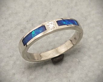 14k White Gold Stack-able Band with Diamond Center Stone and Australian Opal Inlay