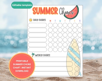 May include: Printable summer chore chart with a watermelon and surfboard design. The chart has spaces for daily and weekly chores, with a grid of circles for each day of the week.