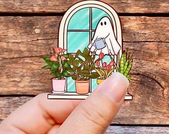 Ghost Watering Plants Sticker | Spooky Cute Cottagecore Vinyl Decal, Plant Mom Aesthetic Waterproof Sticker for Halloween & Houseplant Lover