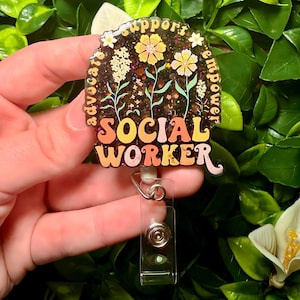 Social Worker Floral Resin Badge Reel | UV Resin Mental Health and Social Workers Matter Black Glitter Retractable Badge Reel